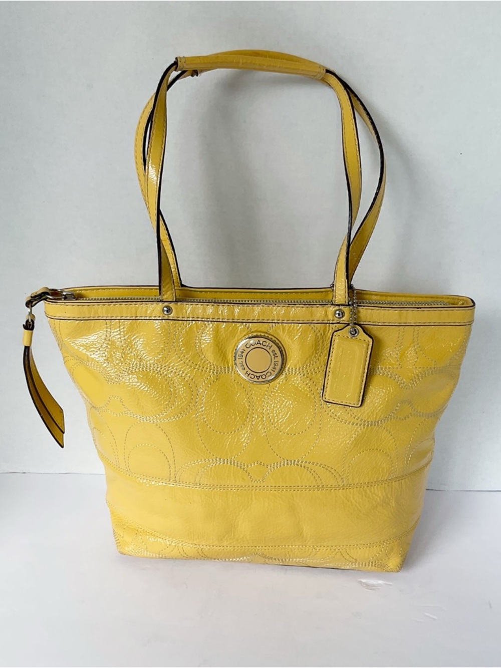 Coach 2012 Signature Patent Leather Tote in Canary Yellow (Flaws) - Picture 2 of 15